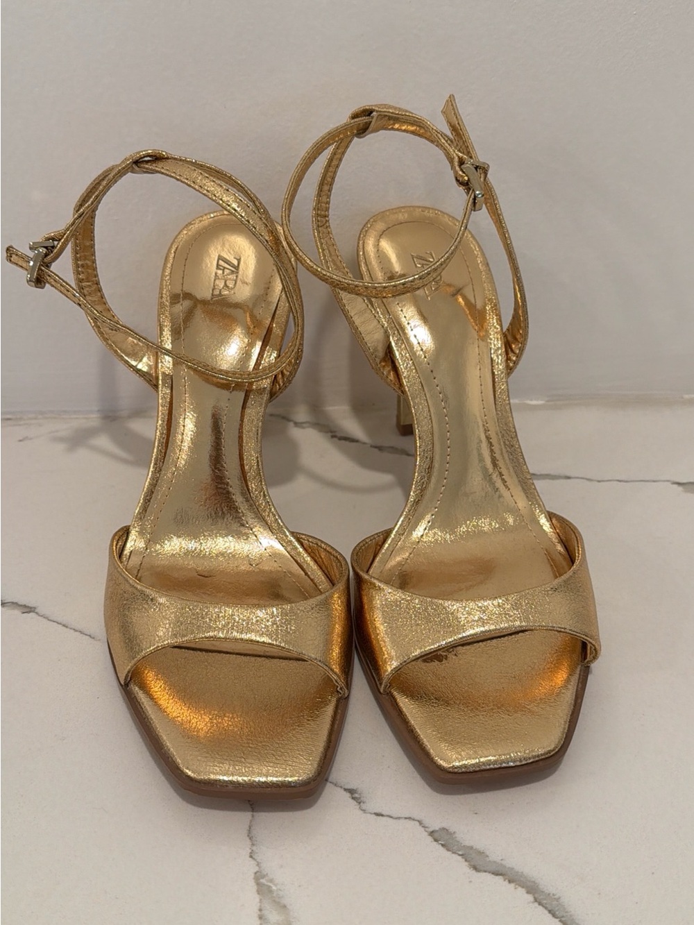 ZARA Gold Metallic Ankle Strap Heeled Sandals Size 6.5